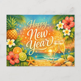 Postal Festiva Feliz Año Nuevo Champán Atardecer Tropical