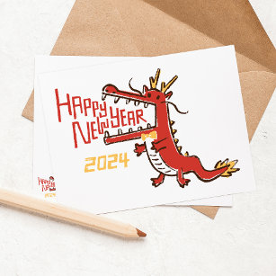 Postal Festiva Feliz Año Nuevo Chino 2024 Año De Dragón