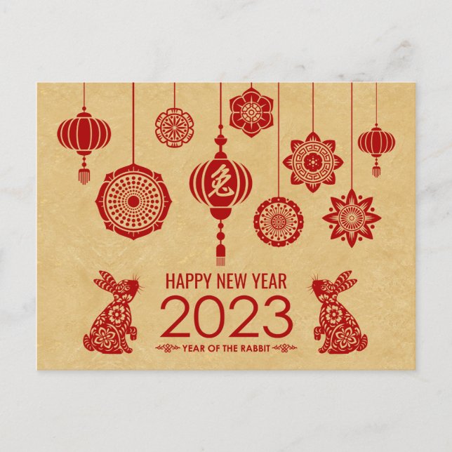 Postal Festiva Feliz Año Nuevo Chino de Conejo 2023 (Anverso)