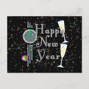Postal Festiva Feliz Año Nuevo con champagne y Confetti