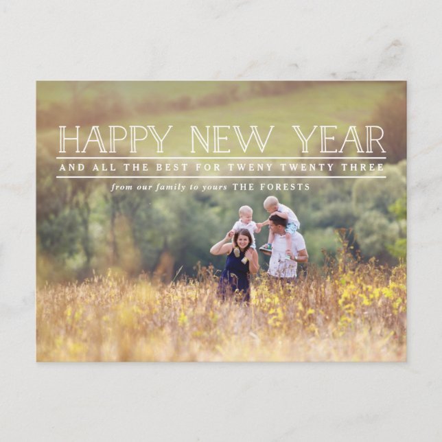 Postal Festiva Feliz año nuevo, fiesta de la tipografía fotográfi (Anverso)