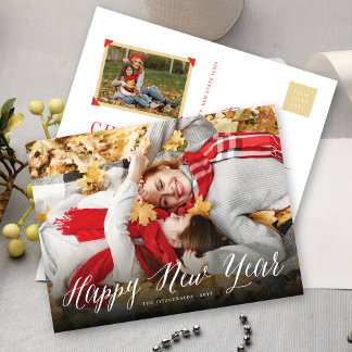 Postal Festiva Feliz Año Nuevo Guión Simple Foto Mínima Moderna