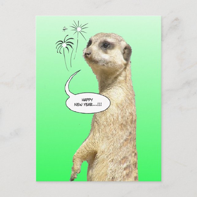 Postal Festiva Feliz Año Nuevo Meerkat Postcard Fireworks Green (Anverso)
