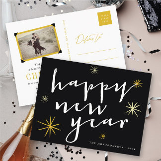 Postal Festiva Feliz Año Nuevo Moda de escritura moderna Starburs