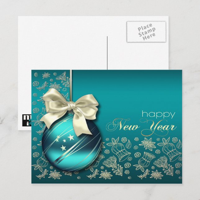 Postal Festiva Feliz Año Nuevo. Navidades Bauble (Anverso / Reverso)