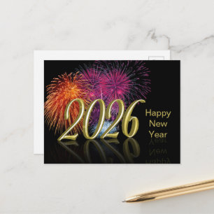 Postal Festiva Feliz Año Nuevo Oro 2026 Fuegos Artificiales