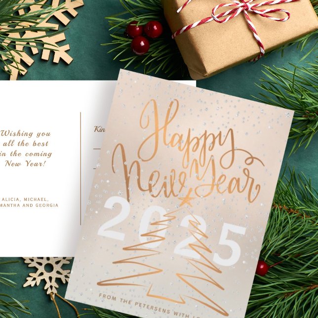 Postal Festiva Feliz Año Nuevo oro de Rosa de cobre metálico (Subido por el creador)