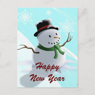 Postal Festiva Feliz Año Nuevo Snowman y Snowflakes