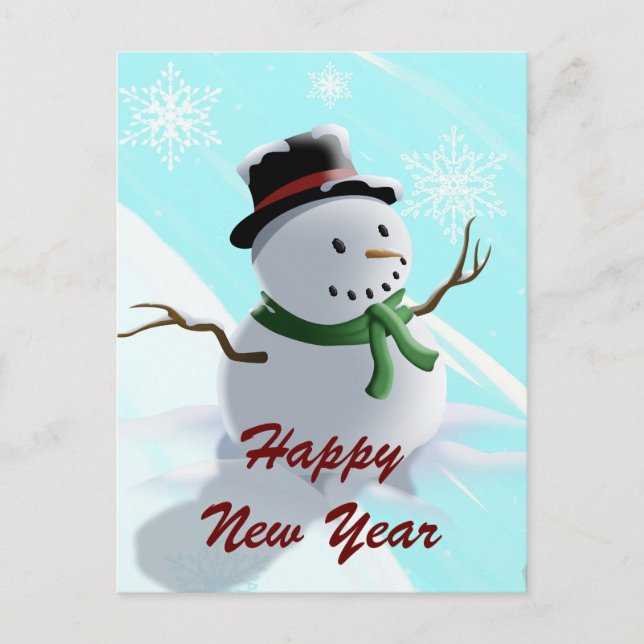 Postal Festiva Feliz Año Nuevo Snowman y Snowflakes (Anverso)