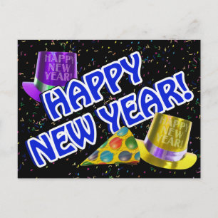 Postal Festiva ¡FELIZ AÑO NUEVO! Texto azul con Gorras Fiestas