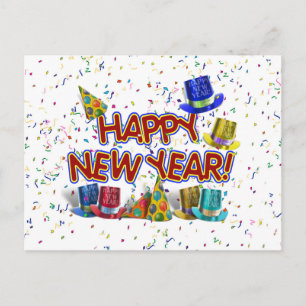 Postal Festiva Feliz Año Nuevo texto con Gorras y Fiestas