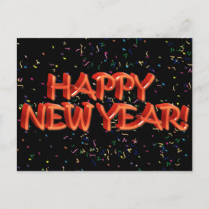 Postal Festiva Feliz Año Nuevo texto rojo con confetti