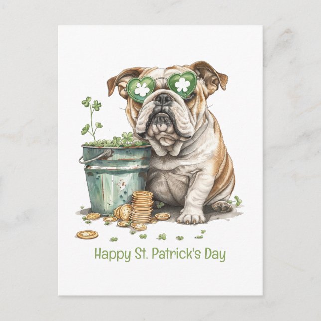 Postal Festiva Feliz Bulldog en inglés del Día de San Patricio (Anverso)