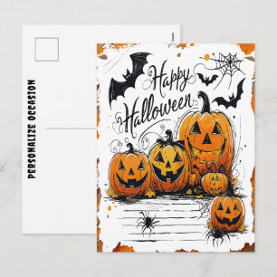 Postal Festiva Feliz Celebración de Halloween Calabazas Murciélag
