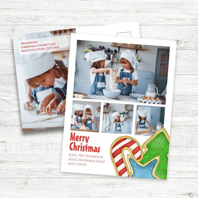 Postal Festiva Feliz Collage de fotos navideño Cookie (Merry Christmas Holiday Photo Postcard Template with watercolor Christmas Cookies,)