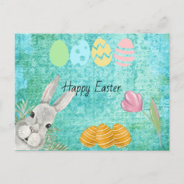 Postal Festiva Feliz Conejo acuático de Pascua con huevos