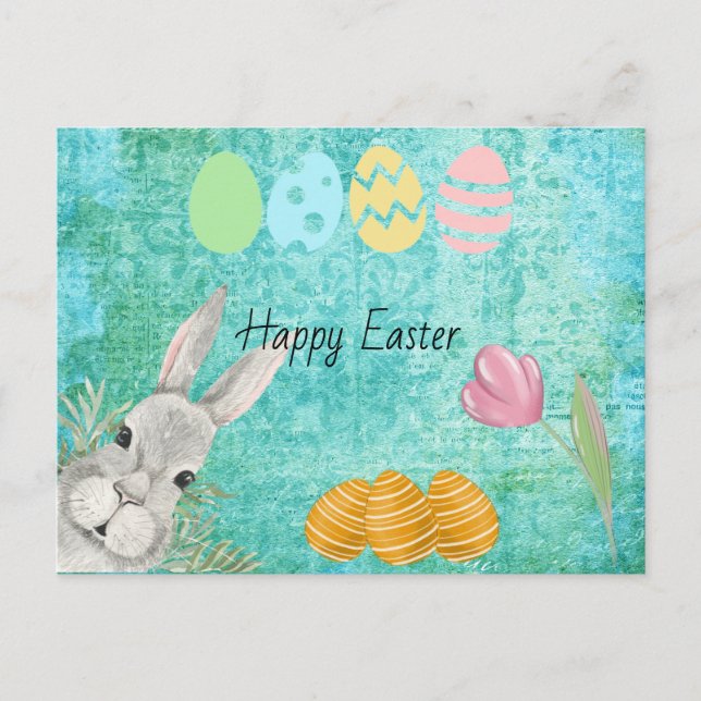 Postal Festiva Feliz Conejo acuático de Pascua con huevos (Anverso)