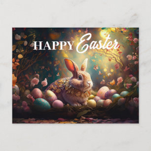 Postal Festiva Feliz Conejo de Pascua con huevos de Pascua