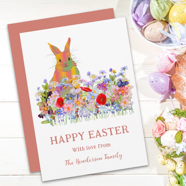 Postal Festiva Feliz Conejo de Pascua y Flores Silvestres (Personalized happy Easter cute bunny colorful watercolor wildflower floral holiday greeting postcard)