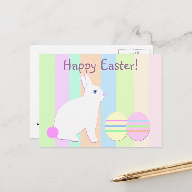 Postal Festiva Feliz Conejo de Pascua y huevos a rayas (Anverso/Reverso In Situ)