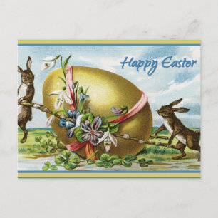 Postal Festiva Feliz Conejo Vintage de Pascua con huevo gigante