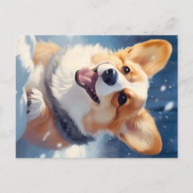 Postal Festiva Feliz Corgi jugando en la nieve (Anverso)