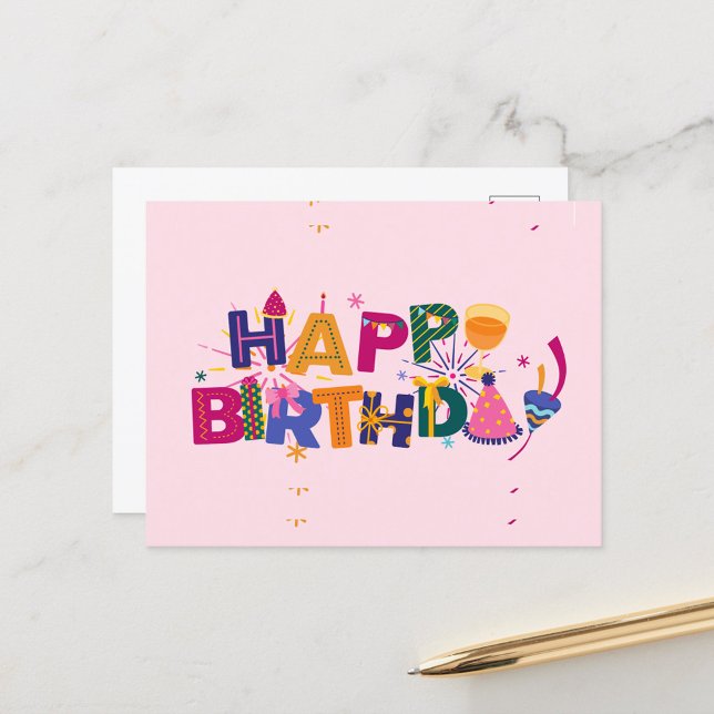 Postal Festiva Feliz cumpleaños (Happy Birthday Text Colorful Font on Pink Background!)