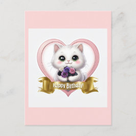 Postal Festiva Feliz cumpleaños a un gato blanco lindo