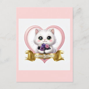 Postal Festiva Feliz cumpleaños a un gato blanco lindo