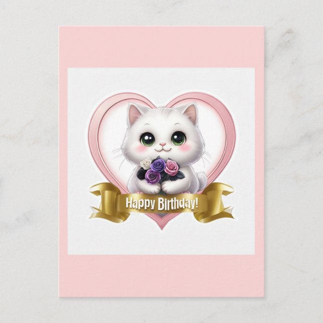 Postal Festiva Feliz cumpleaños a un gato blanco lindo (Anverso)