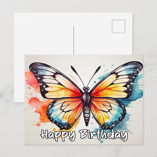 Postal Festiva Feliz cumpleaños acuarela mariposa Doodle Art (Anverso / Reverso)