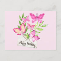 Feliz cumpleaños acuarela mariposas rosadas, hojas