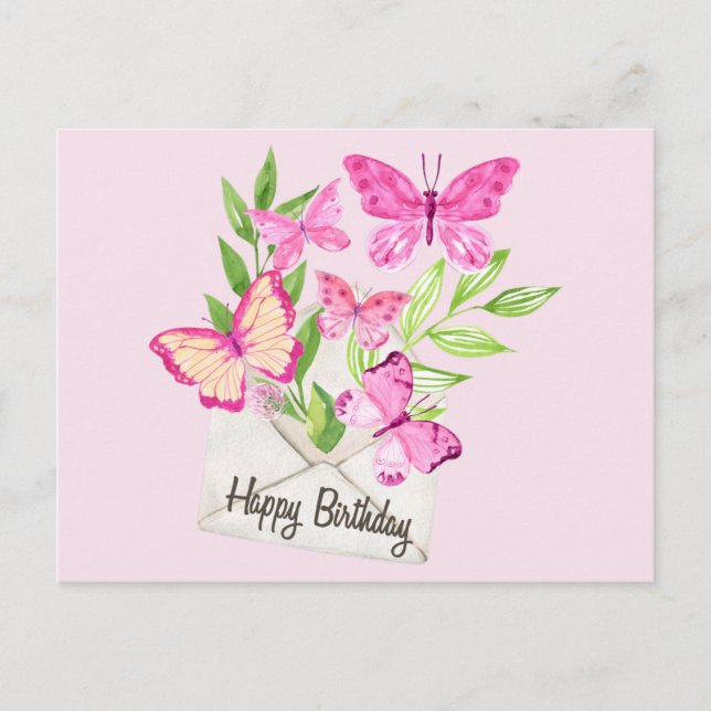 Postal Festiva Feliz cumpleaños acuarela mariposas rosadas, hojas (Anverso)