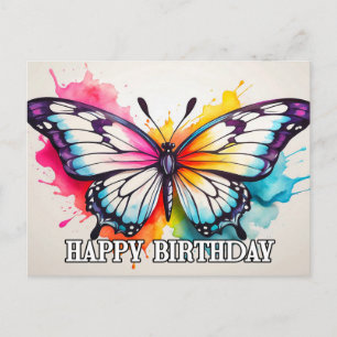 Postal Festiva Feliz Cumpleaños Arte de Mariposa Acuarela Artísti