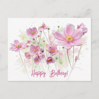 Postal Festiva Feliz cumpleaños bonito color floral rosa