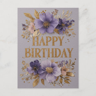 Postal Festiva Feliz Cumpleaños con flores moradas y brillo