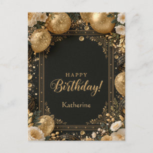 Postal Festiva Feliz Cumpleaños con Nombre en Negro y Dorado Eleg