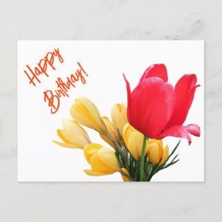 Postal Festiva Feliz cumpleaños crocus amarillo tulipán rojo amor