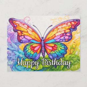 Postal Festiva Feliz Cumpleaños Dibujo Retro Mariposa Linda