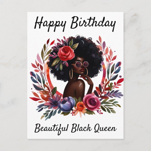 Postal Festiva Feliz cumpleaños, hermosa reina negra Melanin Sist (Anverso)