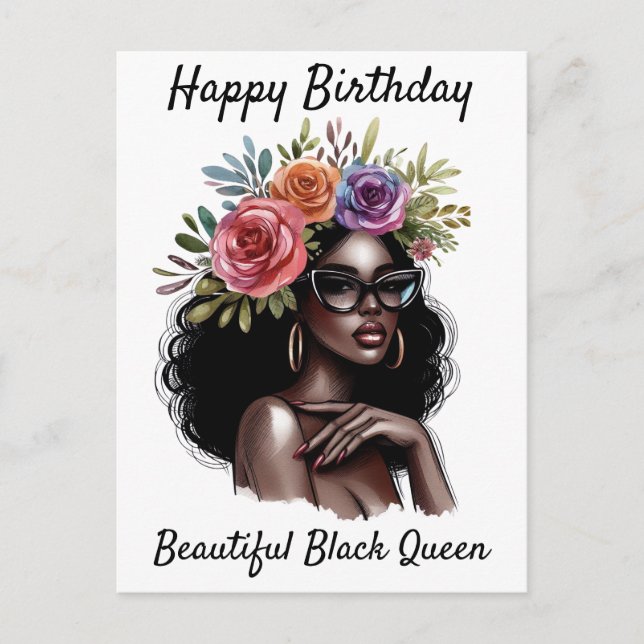 Postal Festiva Feliz cumpleaños, hermosa reina negra Melanin Sist (Anverso)