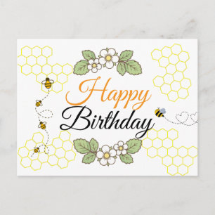 Postal Festiva Feliz cumpleaños Linda abeja Botánica