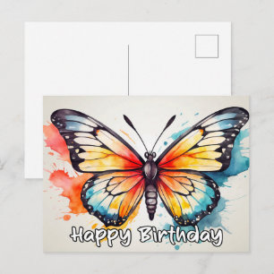 Postal Festiva Feliz Cumpleaños Mariposa Arte Doodle Acuarela
