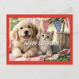 Postal Festiva Feliz cumpleaños, mascotas tan lindas,