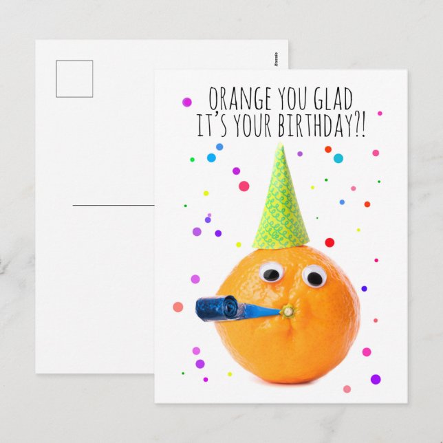 Postal Festiva Feliz cumpleaños para cualquier Naranja gracioso (Anverso / Reverso)