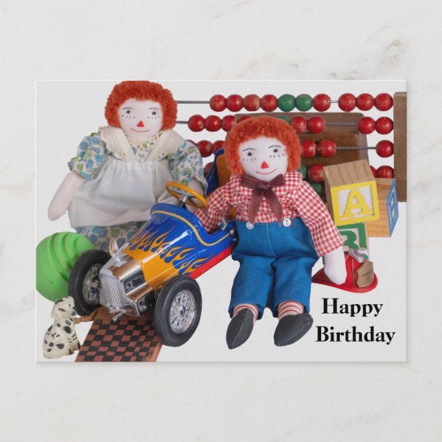 Postal Festiva Feliz cumpleaños Raggedy Ann Andy Postcard (Anverso)
