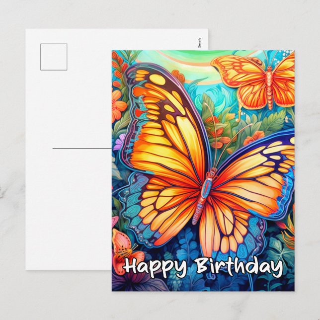 Postal Festiva Feliz cumpleaños Whimsical Butterfly Design (Anverso / Reverso)