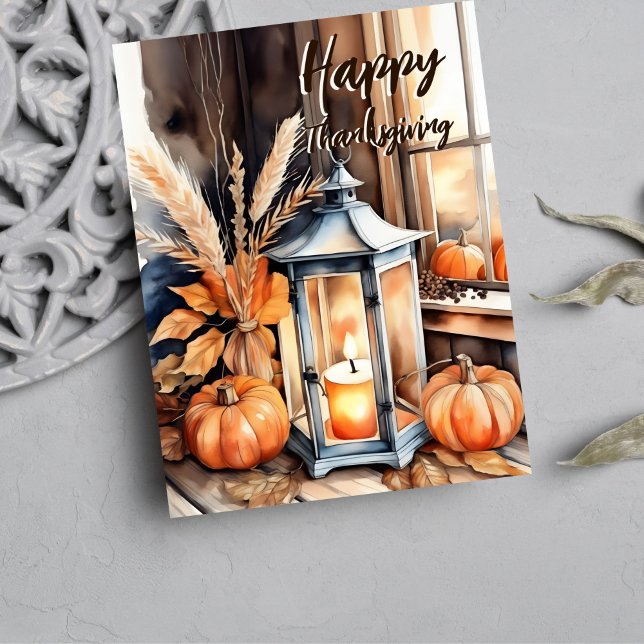 Postal Festiva Feliz Día de Acción de Gracias, boho calabaza, acu (Happy Thanksgiving rustic boho watercolor pumpkins lantern with candle harvest grains postcard)