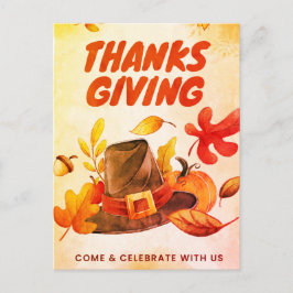 Postal Festiva Feliz Día de Acción de Gracias con calabaza y hoja