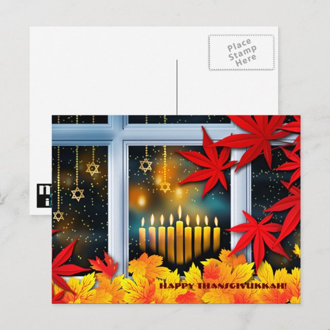 Postal Festiva Feliz Día de Acción de Gracias. Hanukkah y Acción  (Anverso / Reverso)